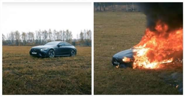 Владелец Mercedes, разругавшись с дилером, сжёг свою машину, стоимостью в 13 млн рублей (2 фото + 1 видео)